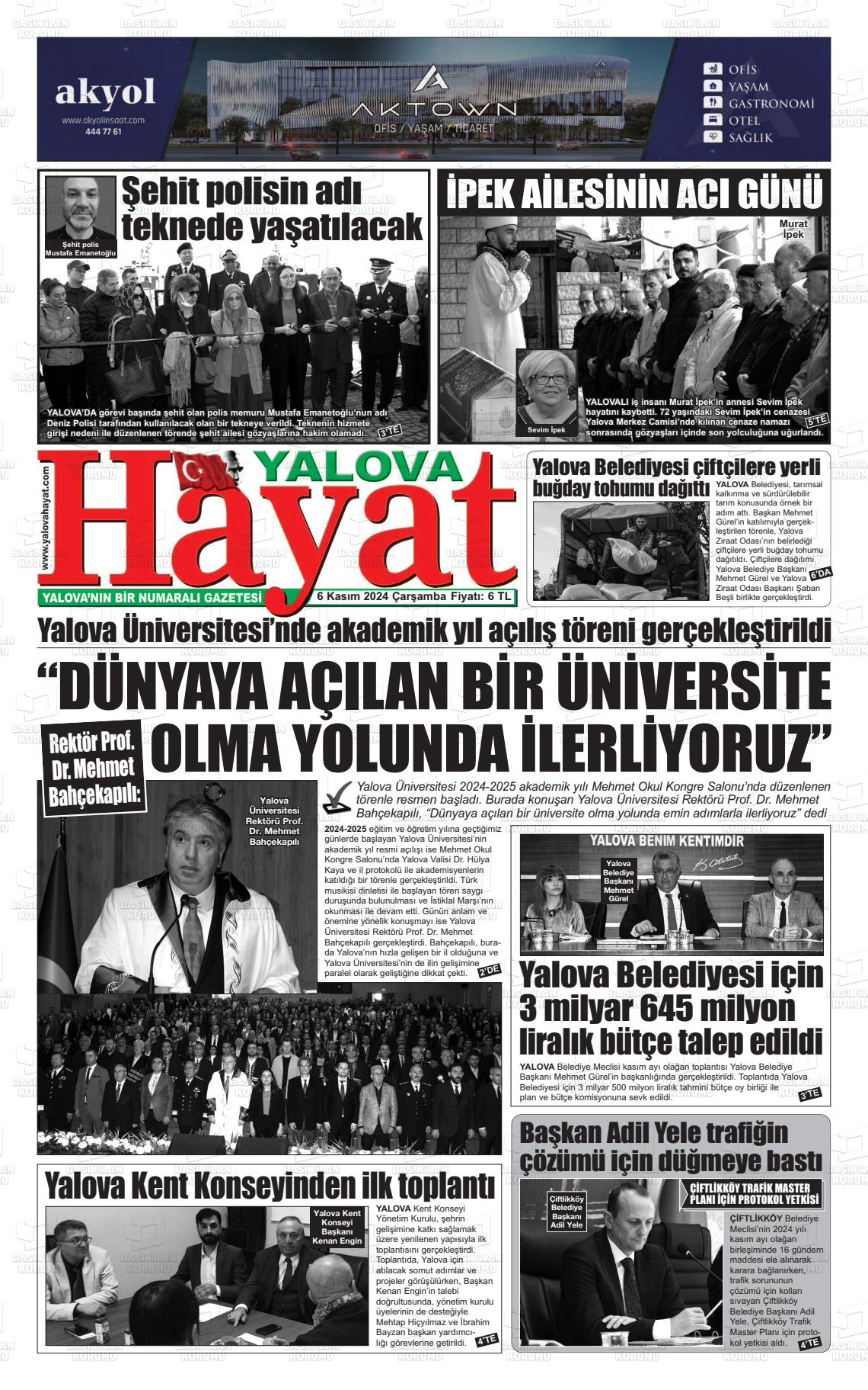 06 Kasım 2024 Yalova Hayat Gazete Manşeti