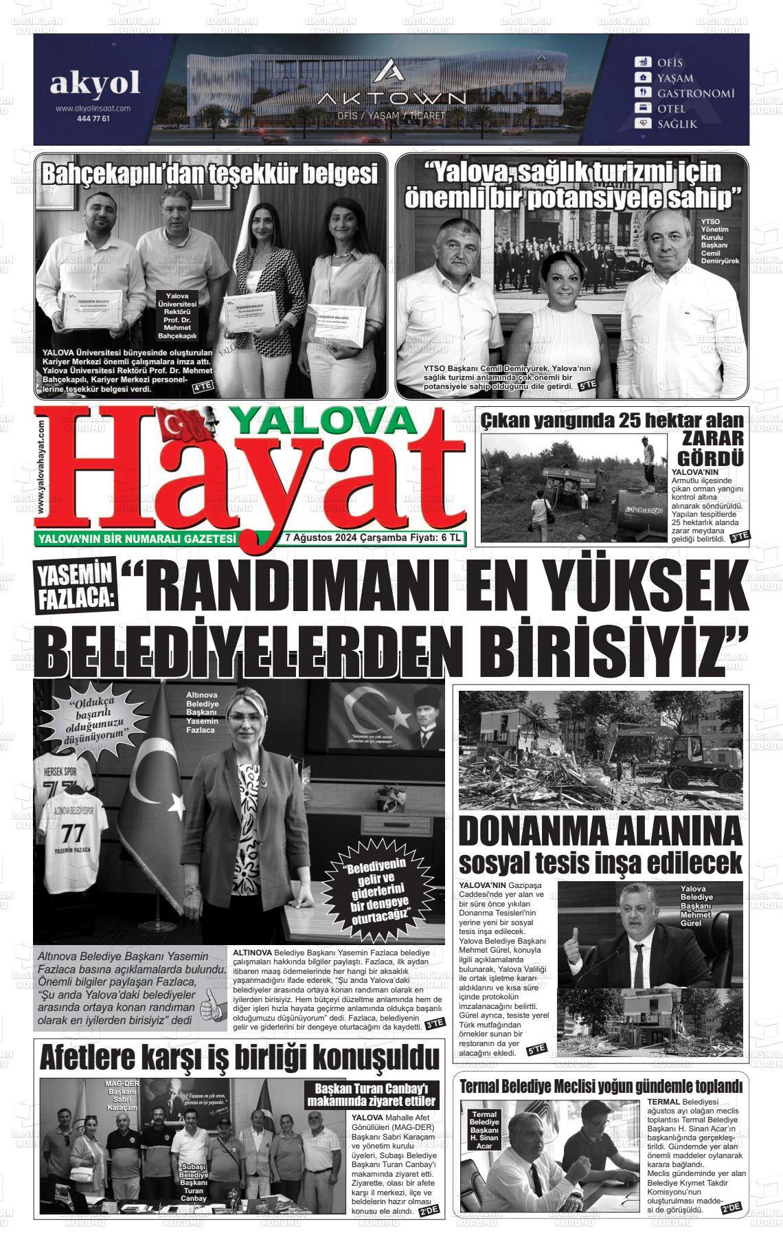 07 Ağustos 2024 Yalova Hayat Gazete Manşeti