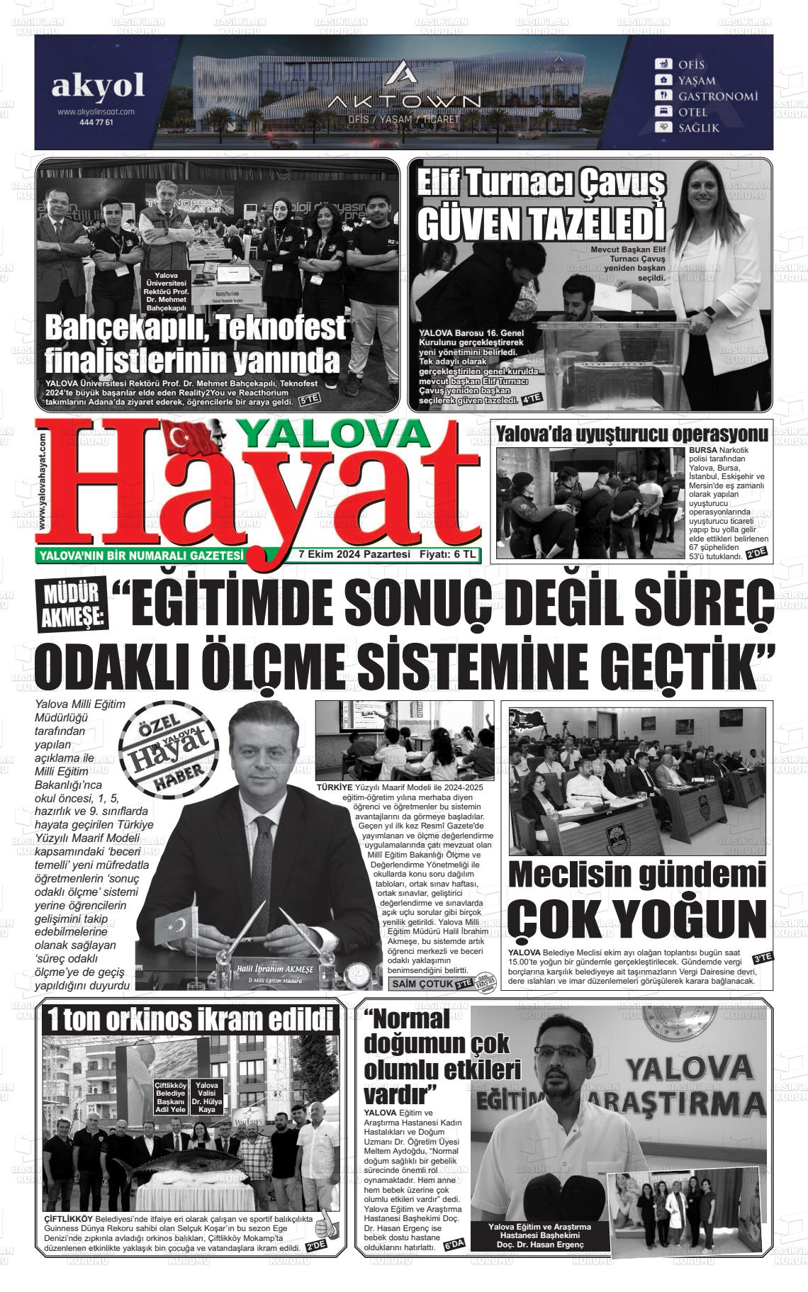 07 Ekim 2024 Yalova Hayat Gazete Manşeti