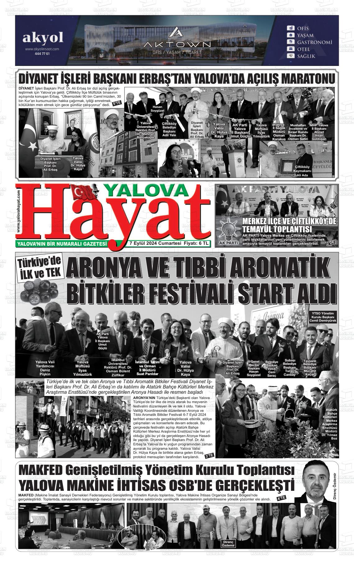 07 Eylül 2024 Yalova Hayat Gazete Manşeti