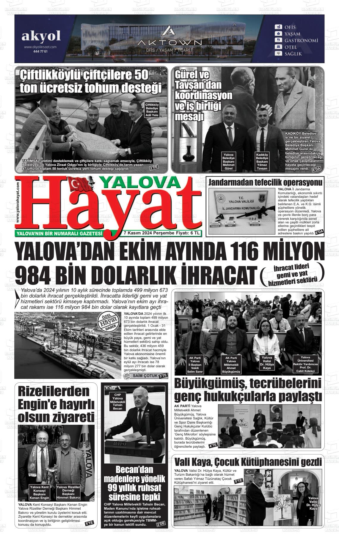 07 Kasım 2024 Yalova Hayat Gazete Manşeti