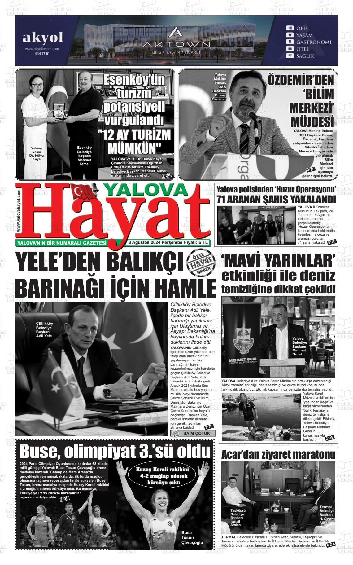 08 Ağustos 2024 Yalova Hayat Gazete Manşeti