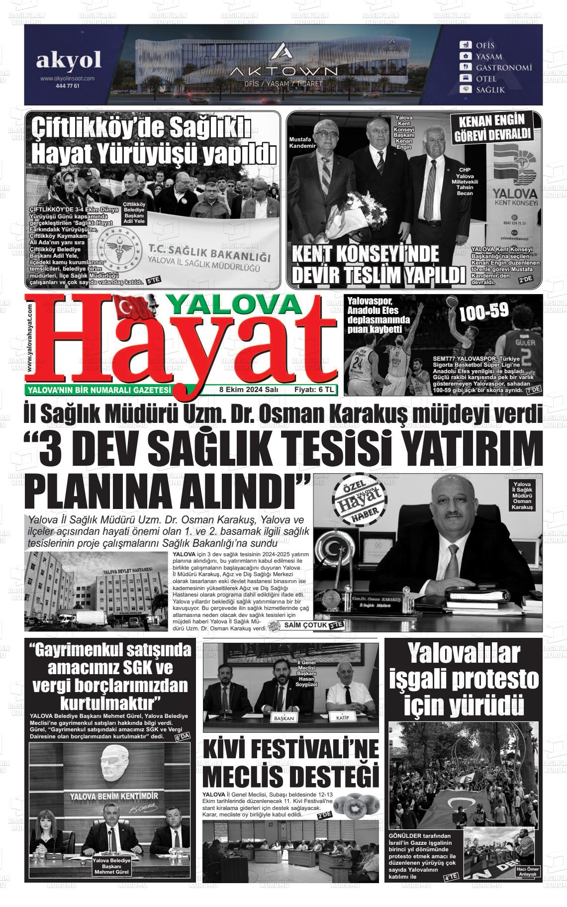 08 Ekim 2024 Yalova Hayat Gazete Manşeti