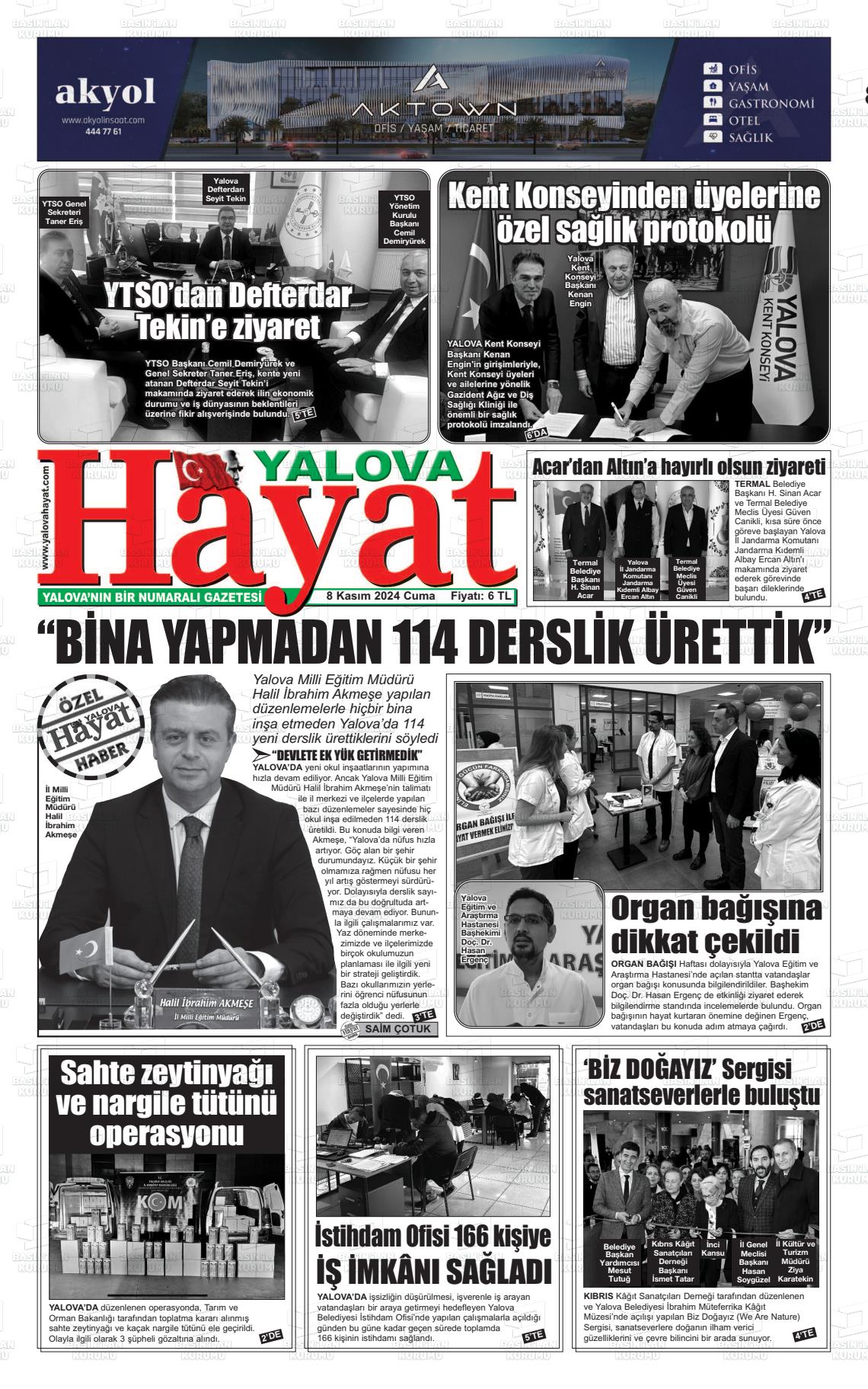 08 Kasım 2024 Yalova Hayat Gazete Manşeti