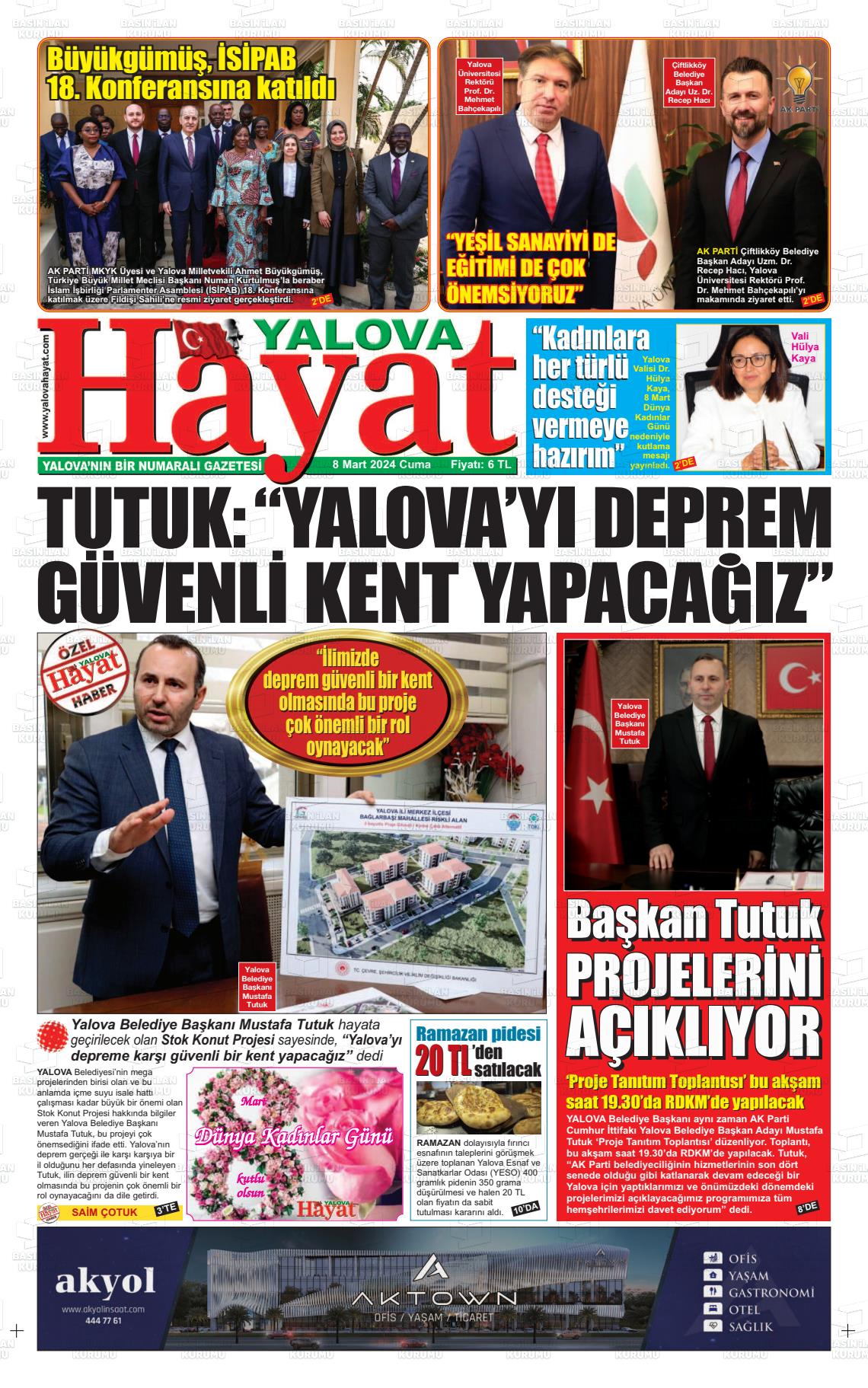 08 Mart 2024 Yalova Hayat Gazete Manşeti