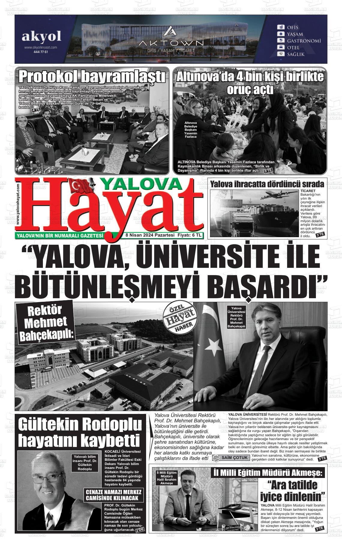 08 Nisan 2024 Yalova Hayat Gazete Manşeti