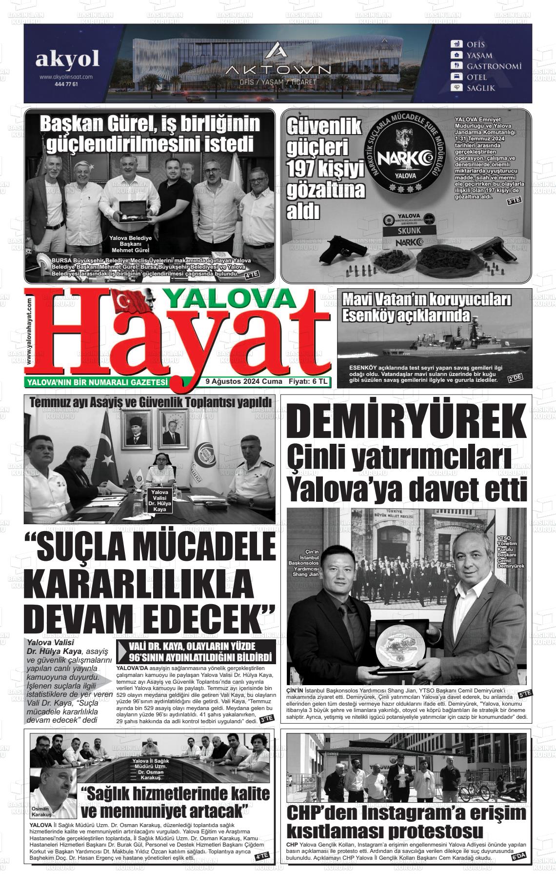 09 Ağustos 2024 Yalova Hayat Gazete Manşeti