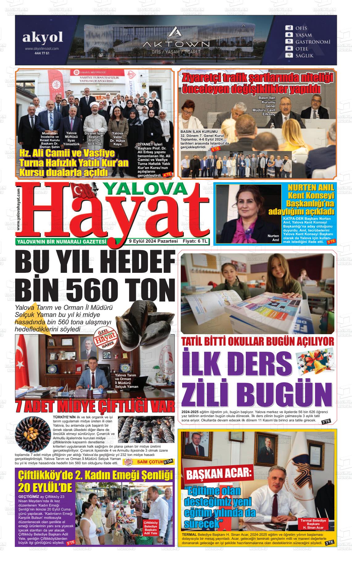 09 Eylül 2024 Yalova Hayat Gazete Manşeti