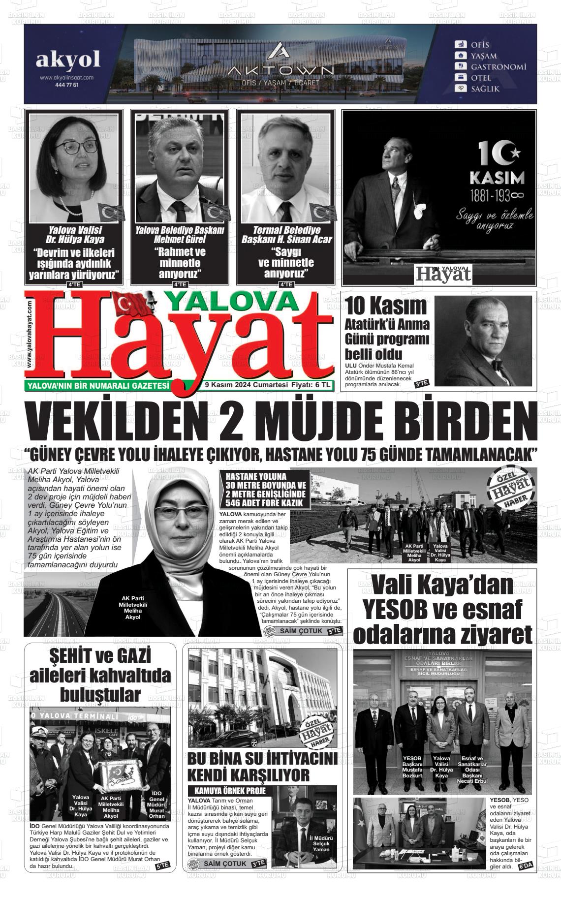 09 Kasım 2024 Yalova Hayat Gazete Manşeti