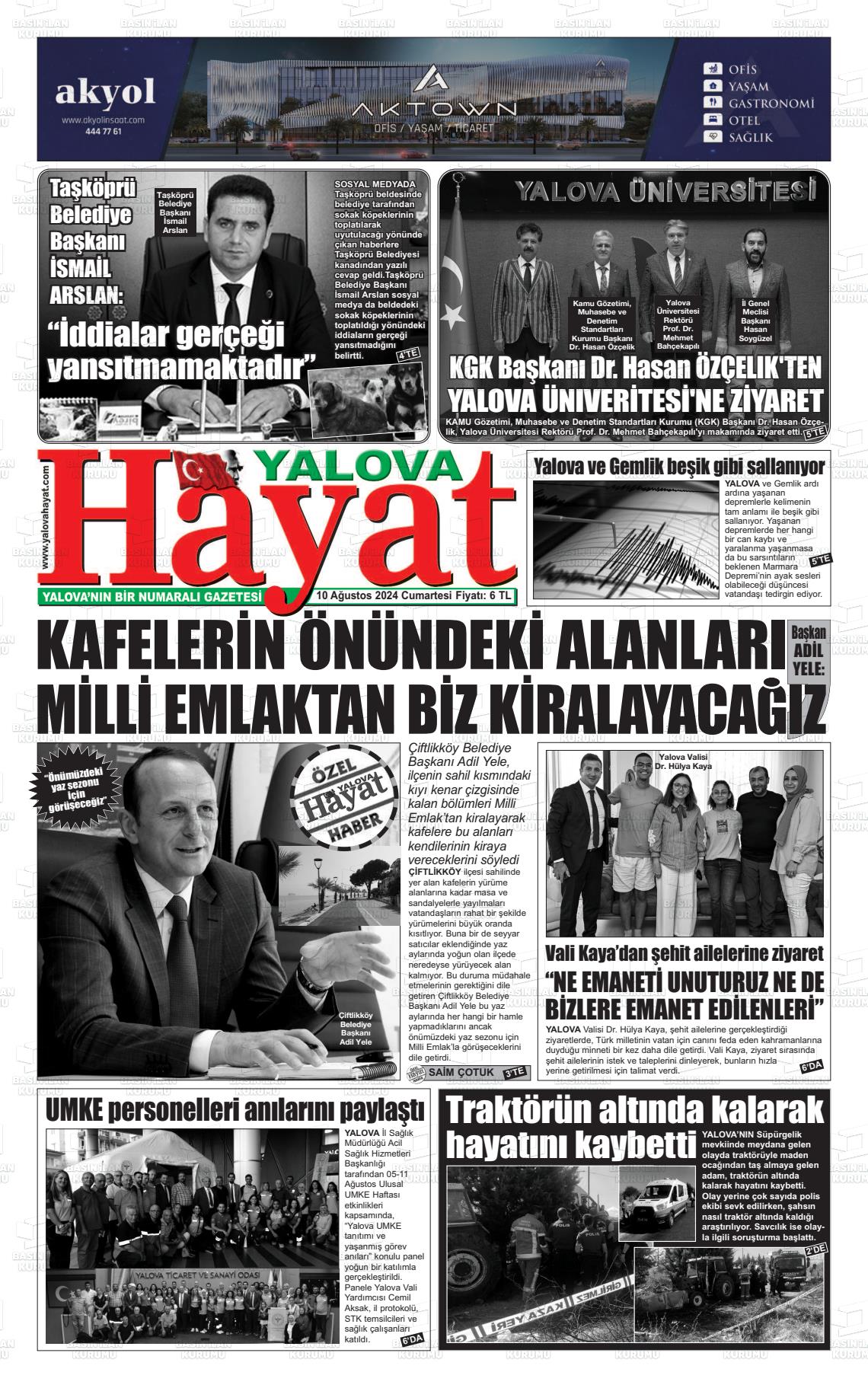 10 Ağustos 2024 Yalova Hayat Gazete Manşeti