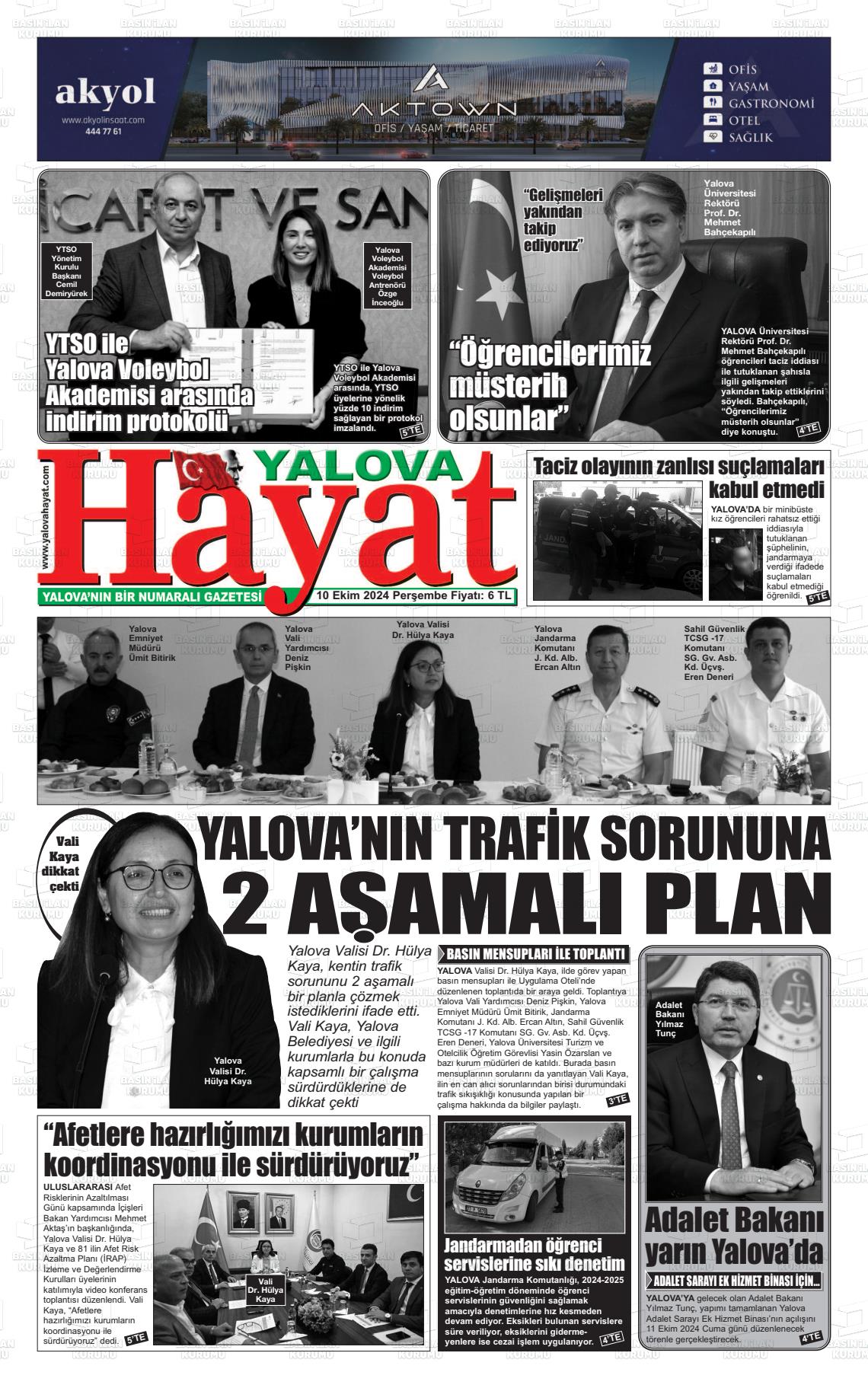 10 Ekim 2024 Yalova Hayat Gazete Manşeti