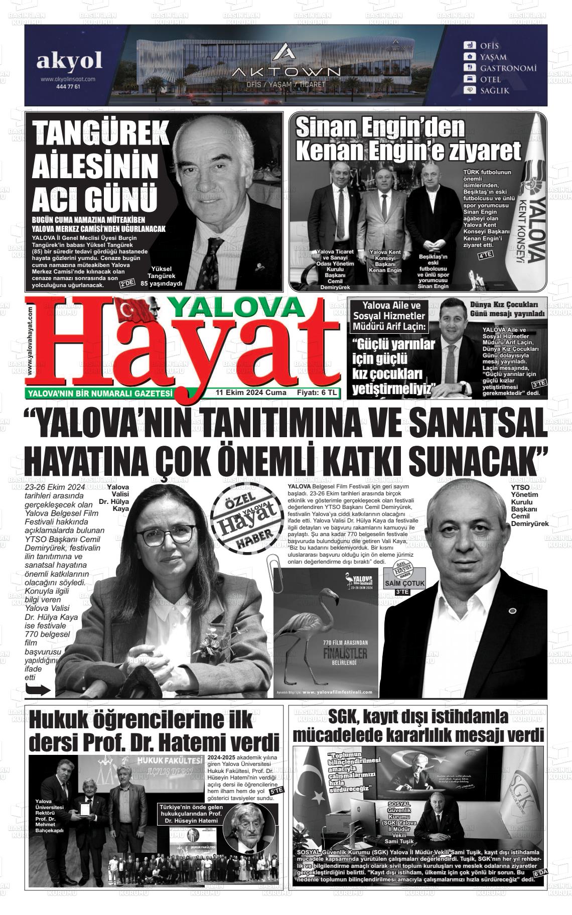 11 Ekim 2024 Yalova Hayat Gazete Manşeti