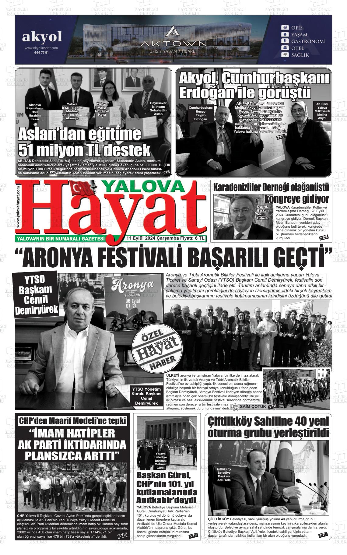 11 Eylül 2024 Yalova Hayat Gazete Manşeti