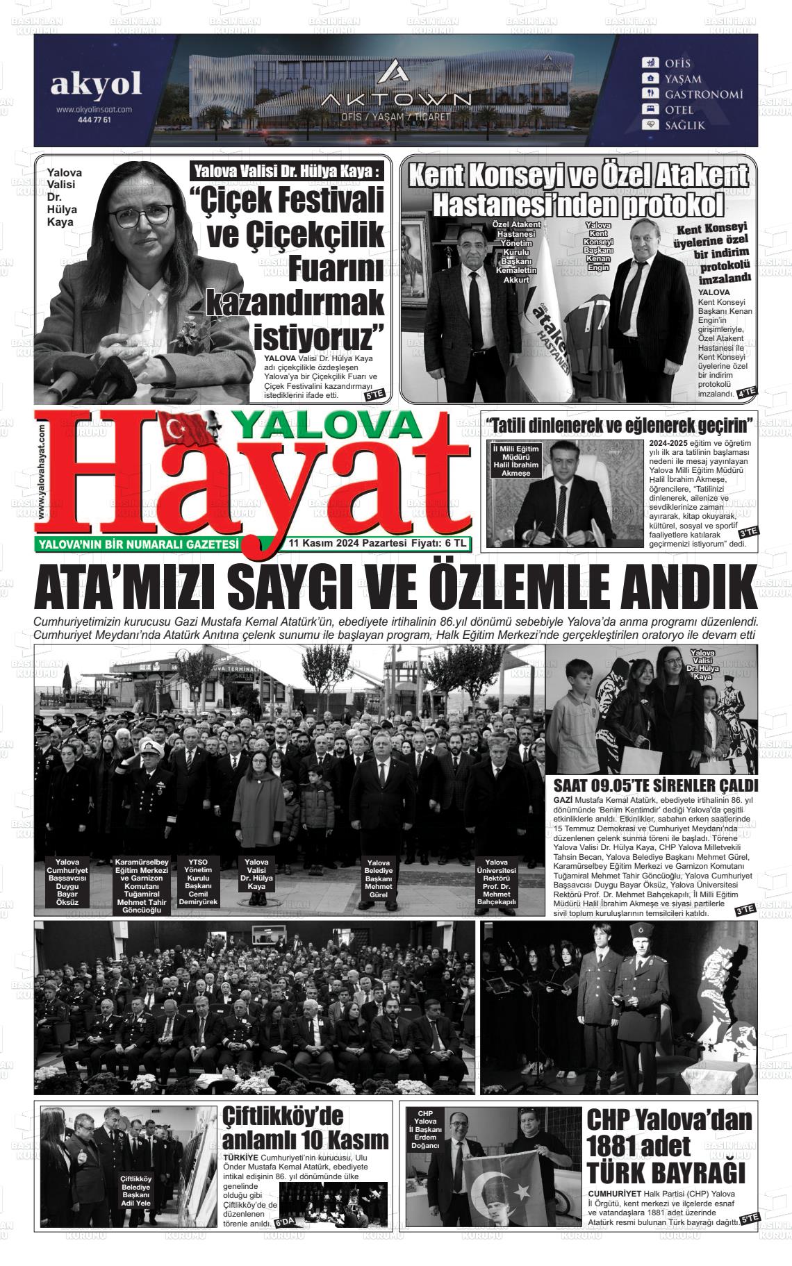 11 Kasım 2024 Yalova Hayat Gazete Manşeti