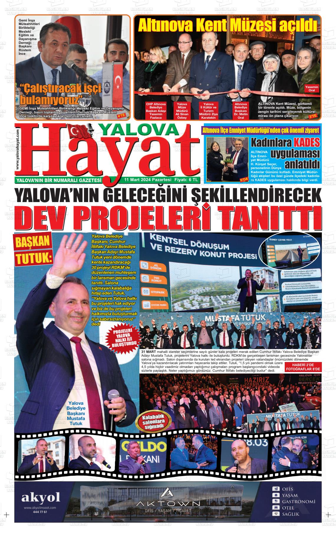 11 Mart 2024 Yalova Hayat Gazete Manşeti