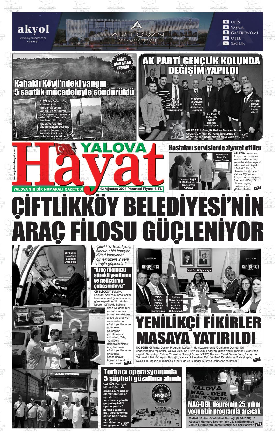 12 Ağustos 2024 Yalova Hayat Gazete Manşeti