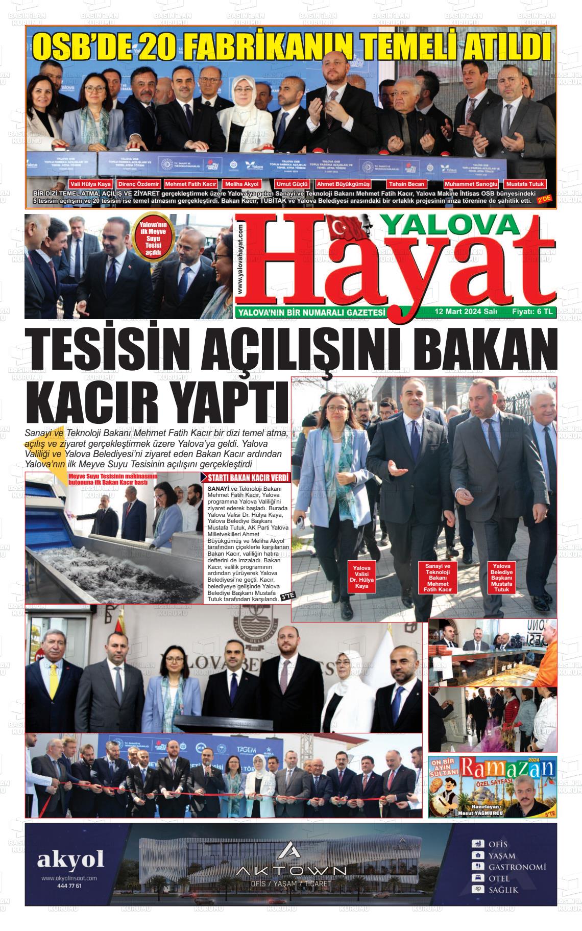 12 Mart 2024 Yalova Hayat Gazete Manşeti