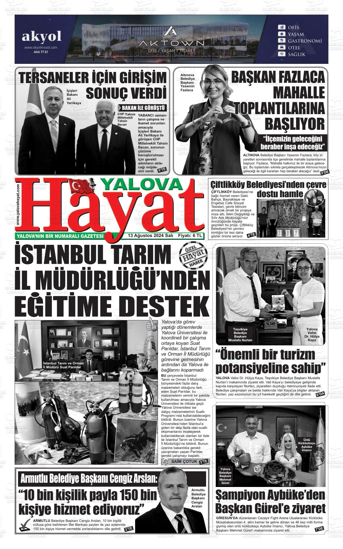 13 Ağustos 2024 Yalova Hayat Gazete Manşeti