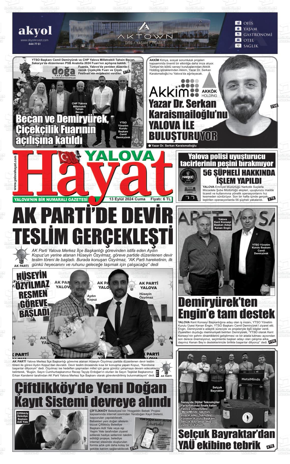 13 Eylül 2024 Yalova Hayat Gazete Manşeti