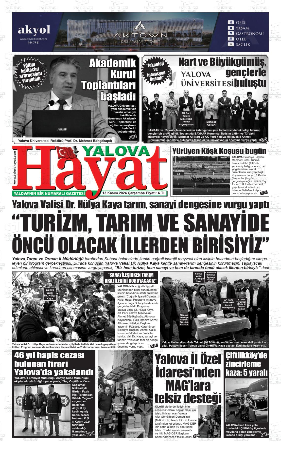 13 Kasım 2024 Yalova Hayat Gazete Manşeti