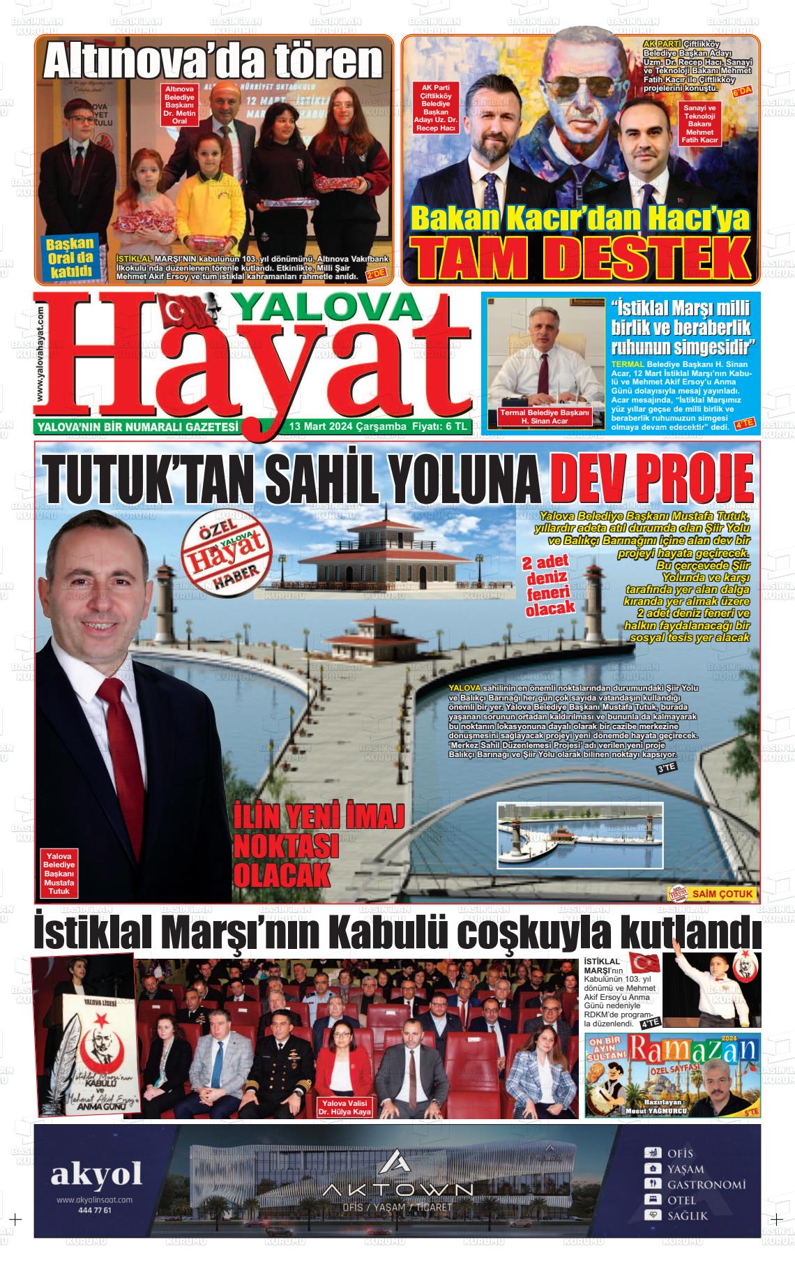 13 Mart 2024 Yalova Hayat Gazete Manşeti