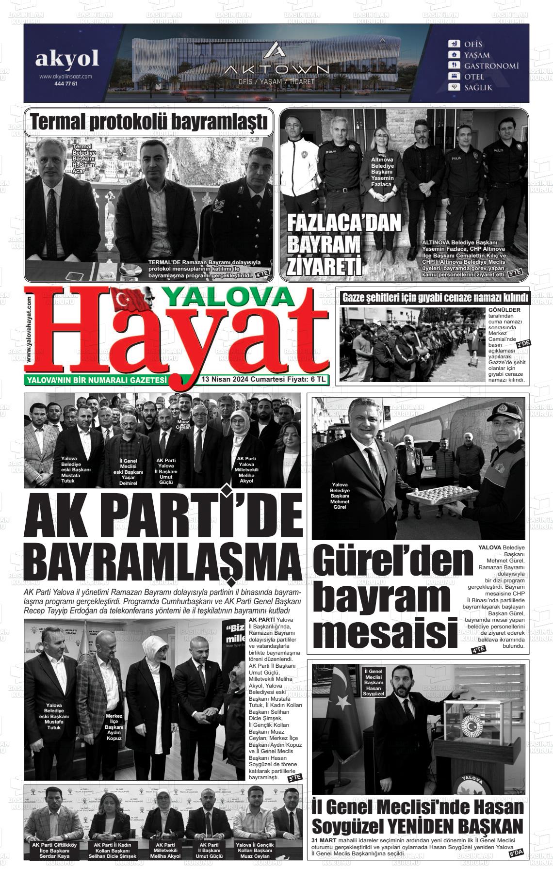 13 Nisan 2024 Yalova Hayat Gazete Manşeti