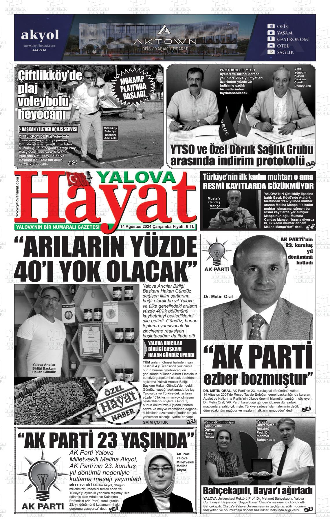 14 Ağustos 2024 Yalova Hayat Gazete Manşeti