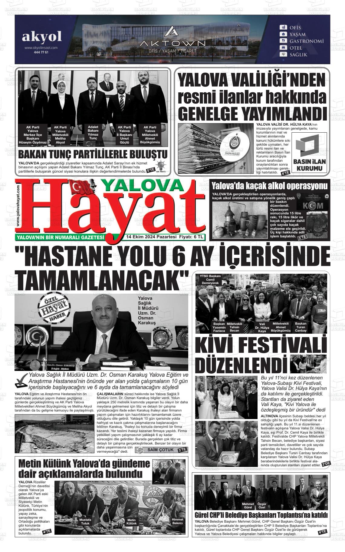 14 Ekim 2024 Yalova Hayat Gazete Manşeti