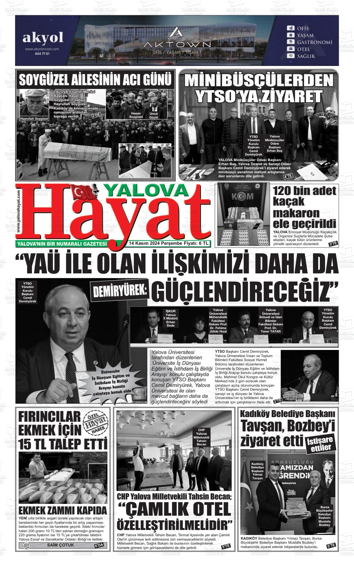 14 Kasım 2024 Yalova Hayat Gazete Manşeti