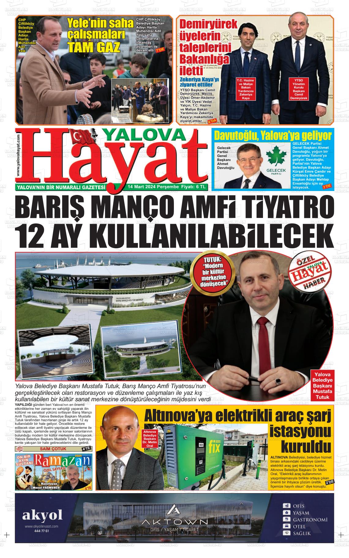 14 Mart 2024 Yalova Hayat Gazete Manşeti