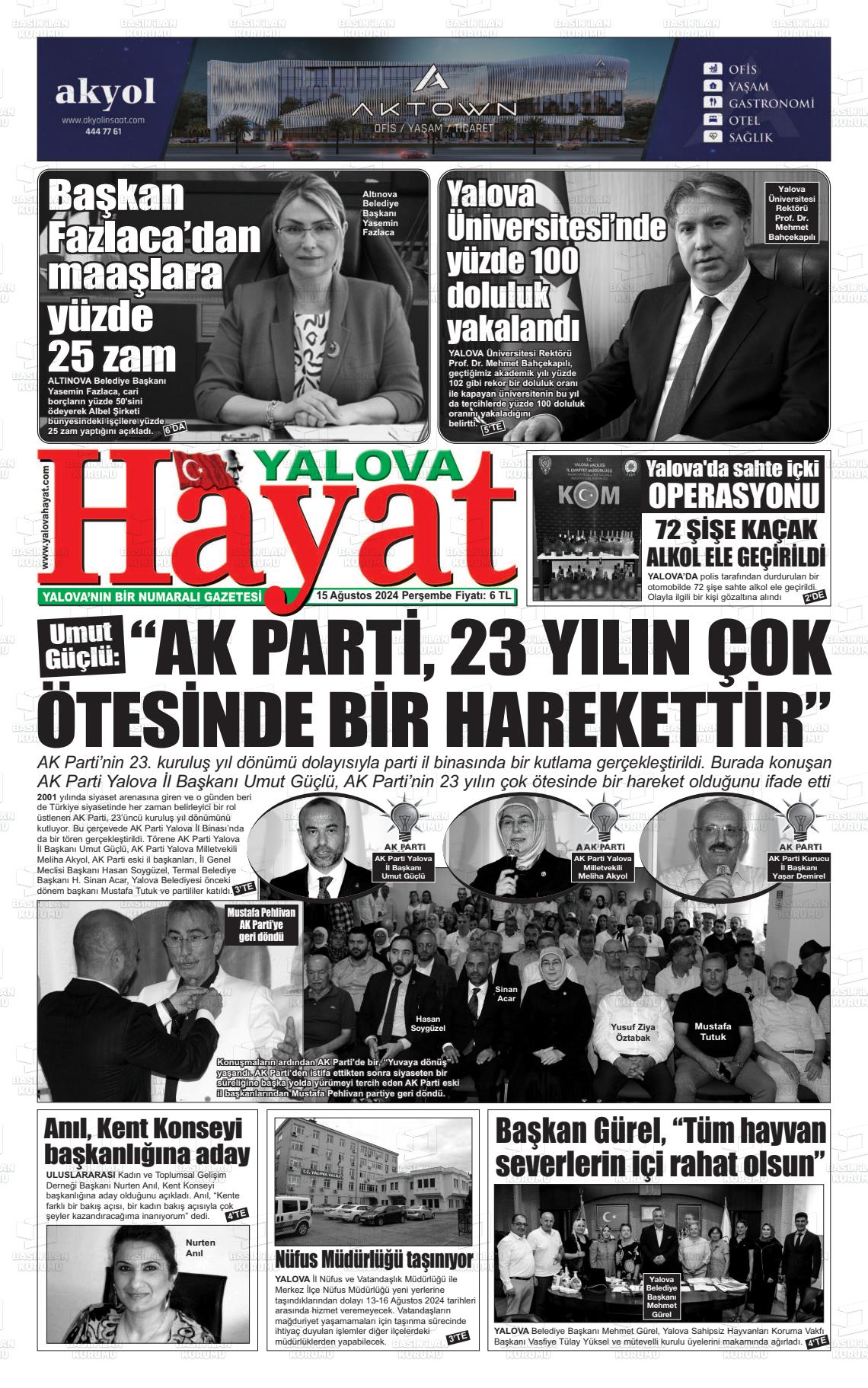 15 Ağustos 2024 Yalova Hayat Gazete Manşeti