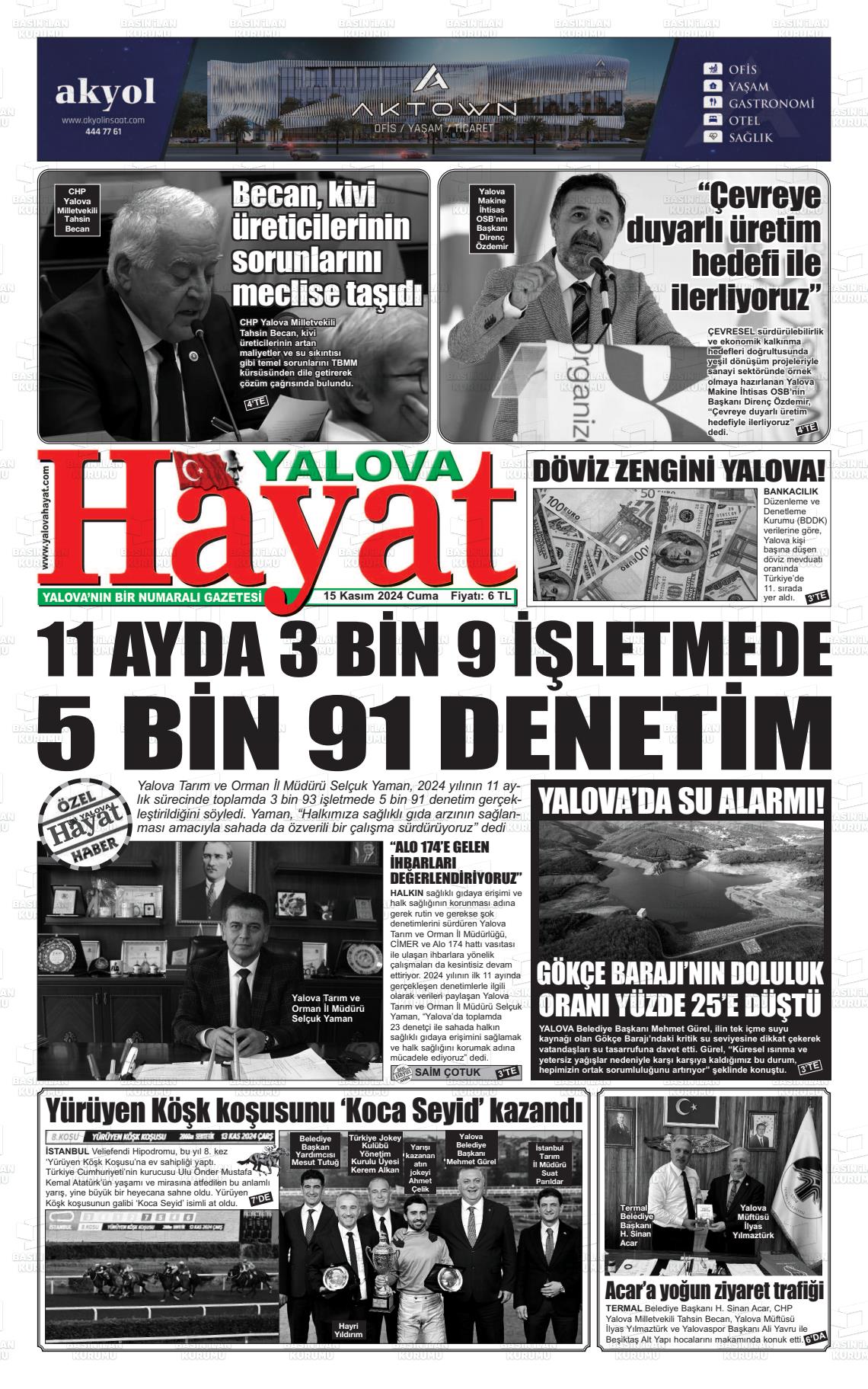 15 Kasım 2024 Yalova Hayat Gazete Manşeti