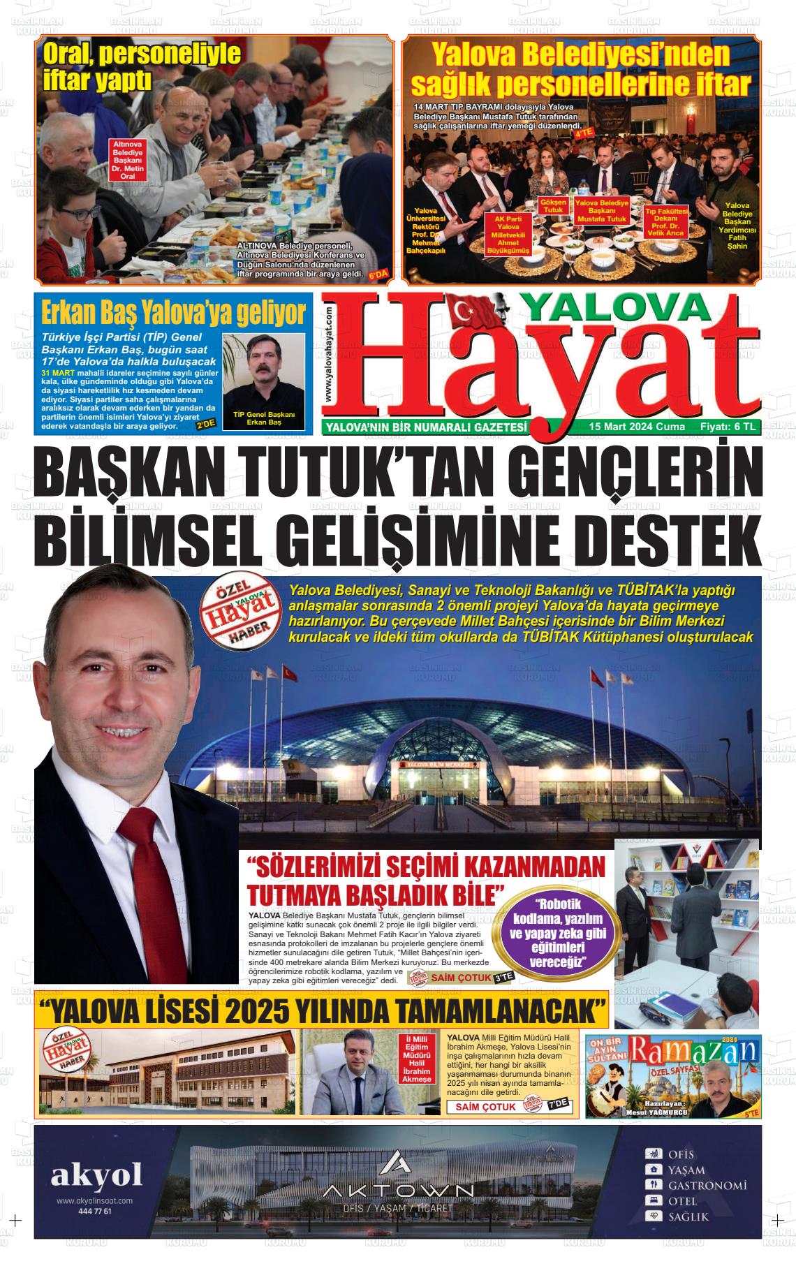 15 Mart 2024 Yalova Hayat Gazete Manşeti