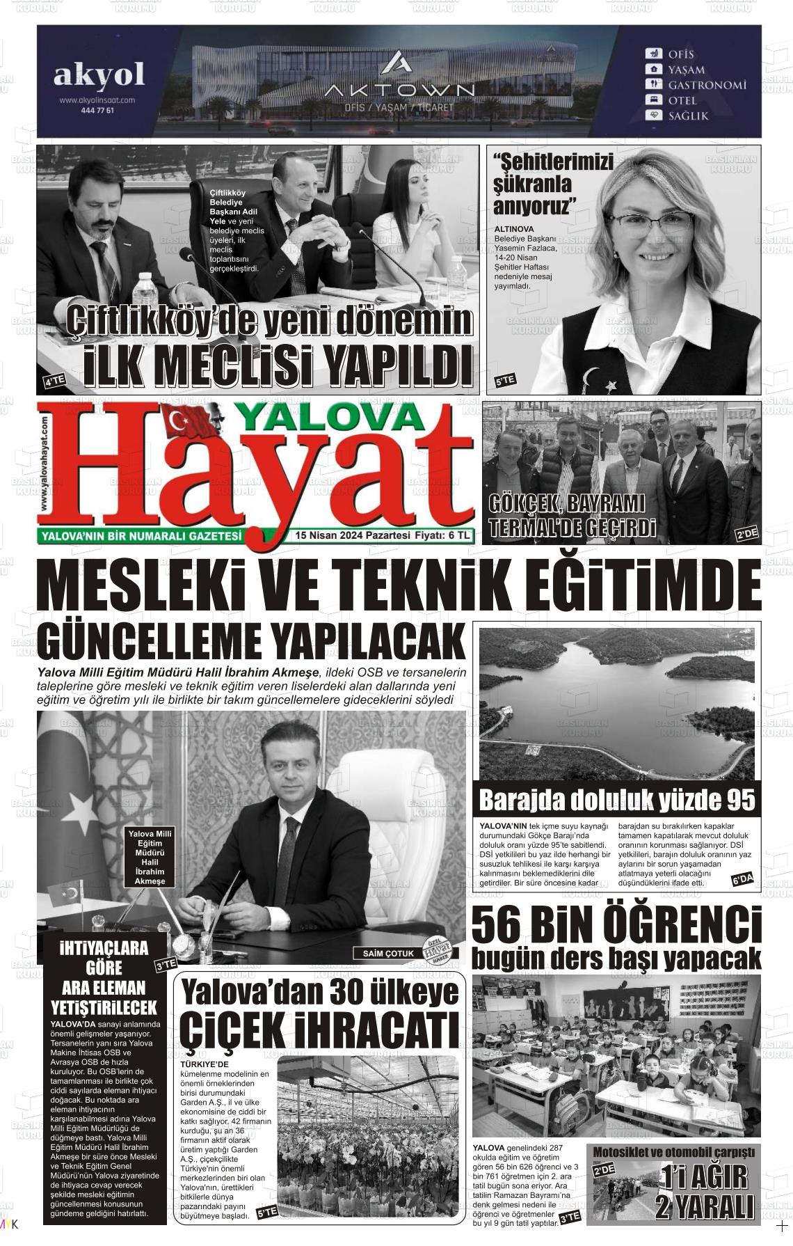 15 Nisan 2024 Yalova Hayat Gazete Manşeti