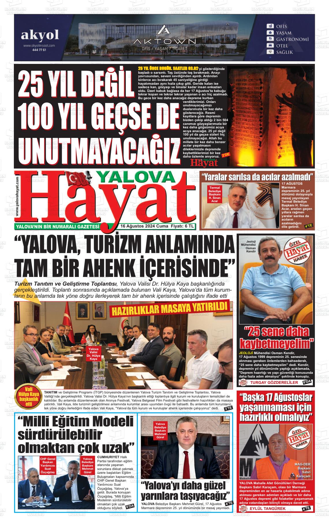 16 Ağustos 2024 Yalova Hayat Gazete Manşeti