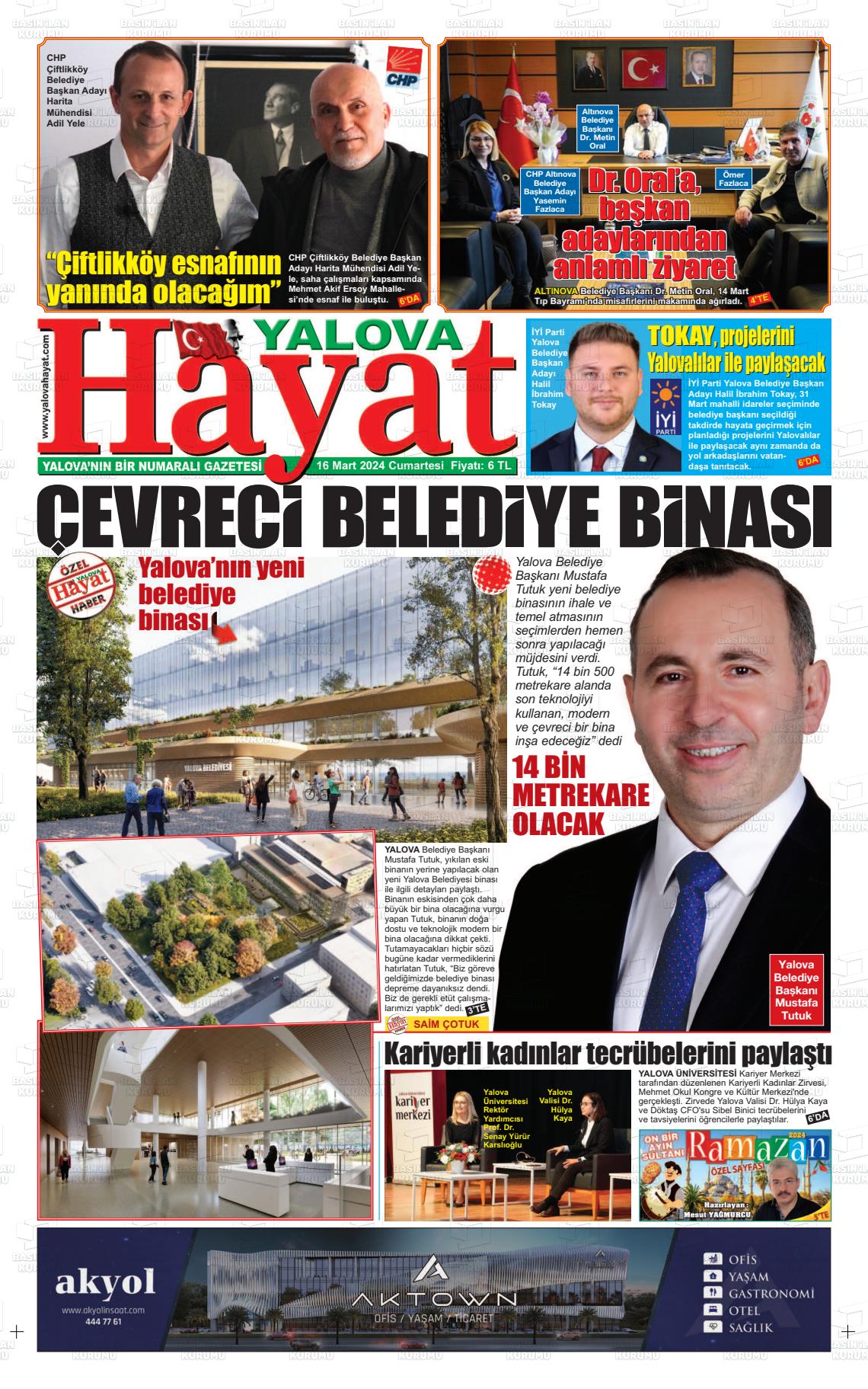 16 Mart 2024 Yalova Hayat Gazete Manşeti