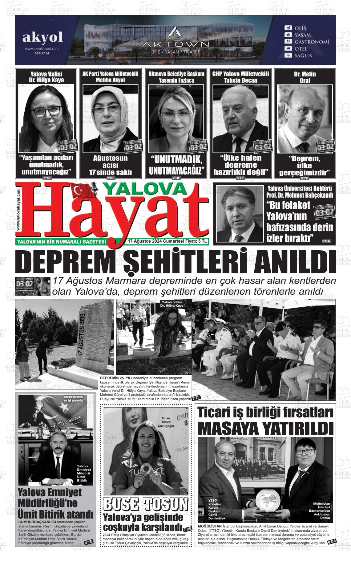 17 Ağustos 2024 Yalova Hayat Gazete Manşeti