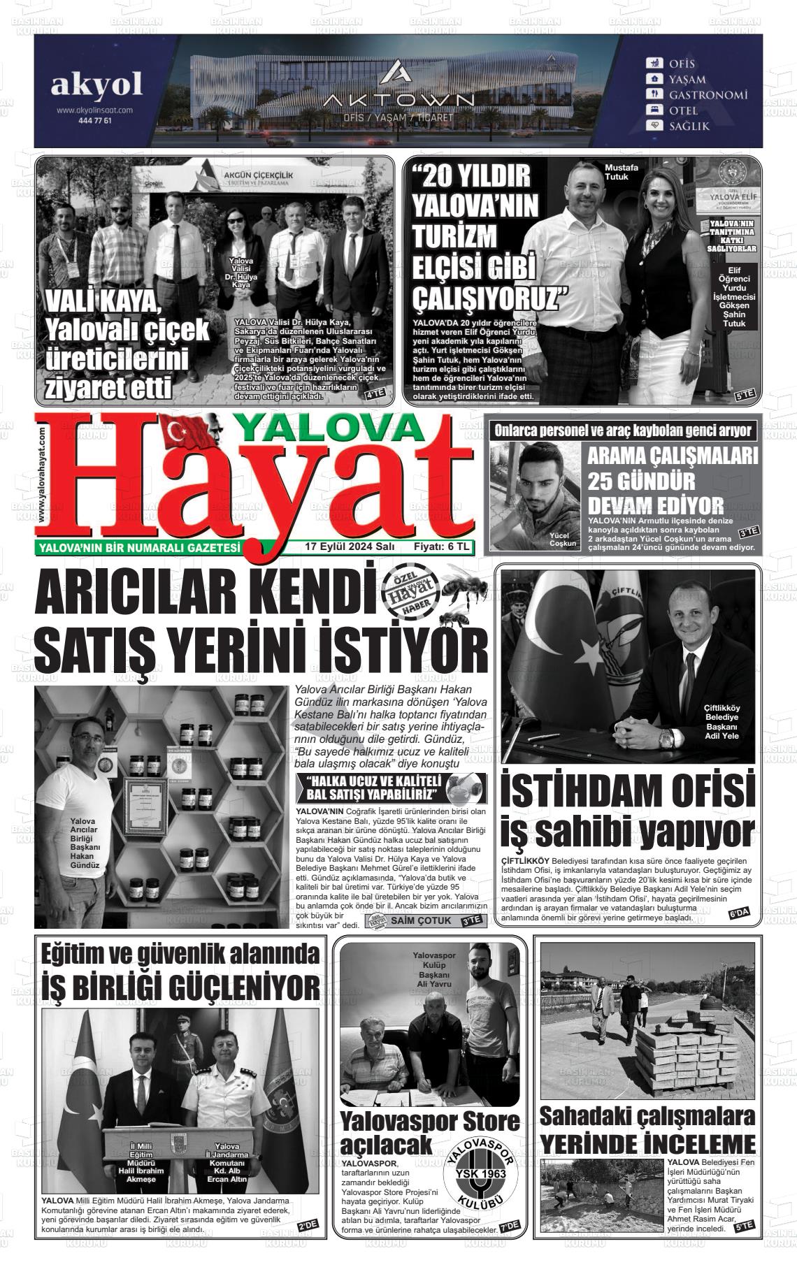 17 Eylül 2024 Yalova Hayat Gazete Manşeti