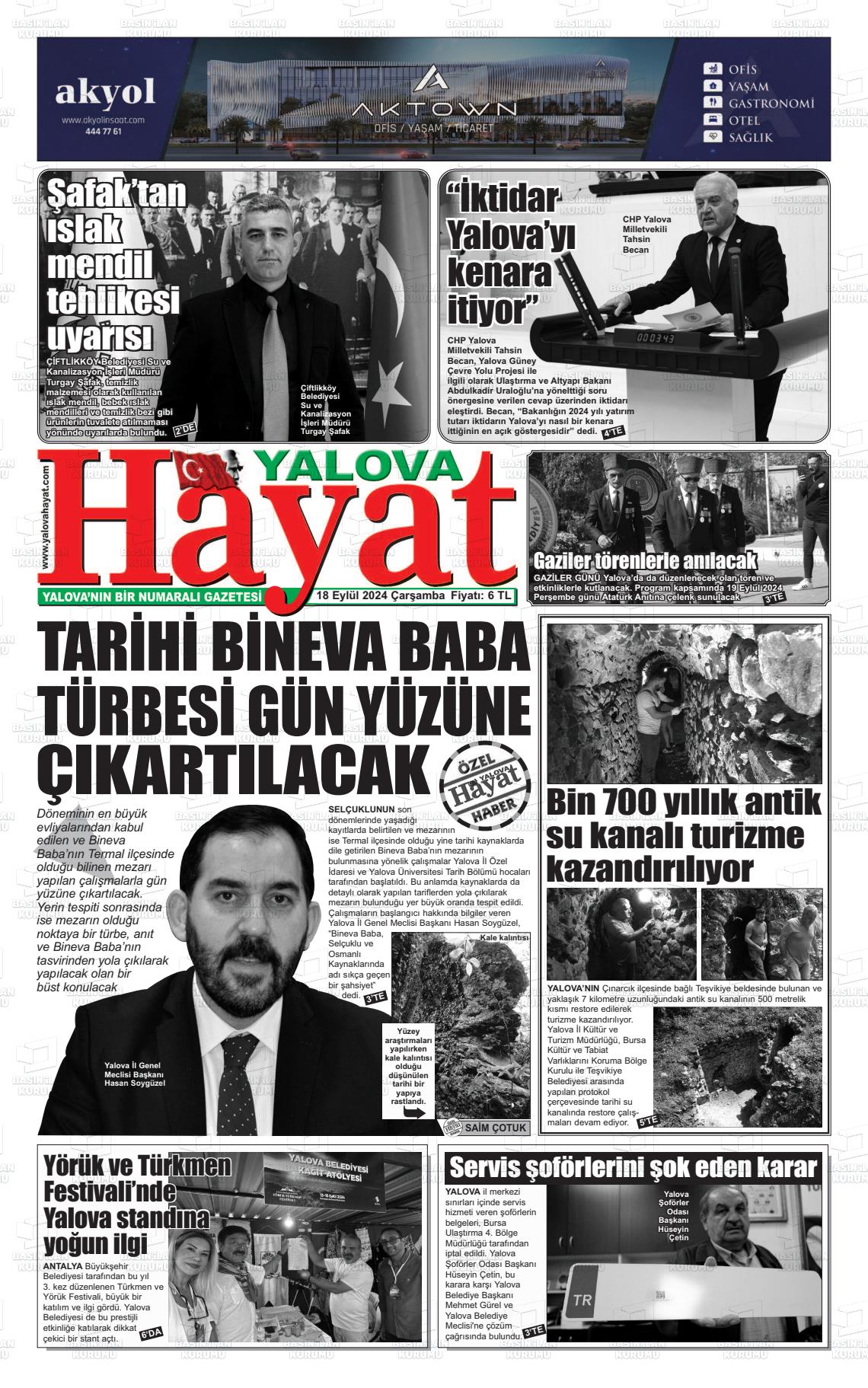 18 Eylül 2024 Yalova Hayat Gazete Manşeti