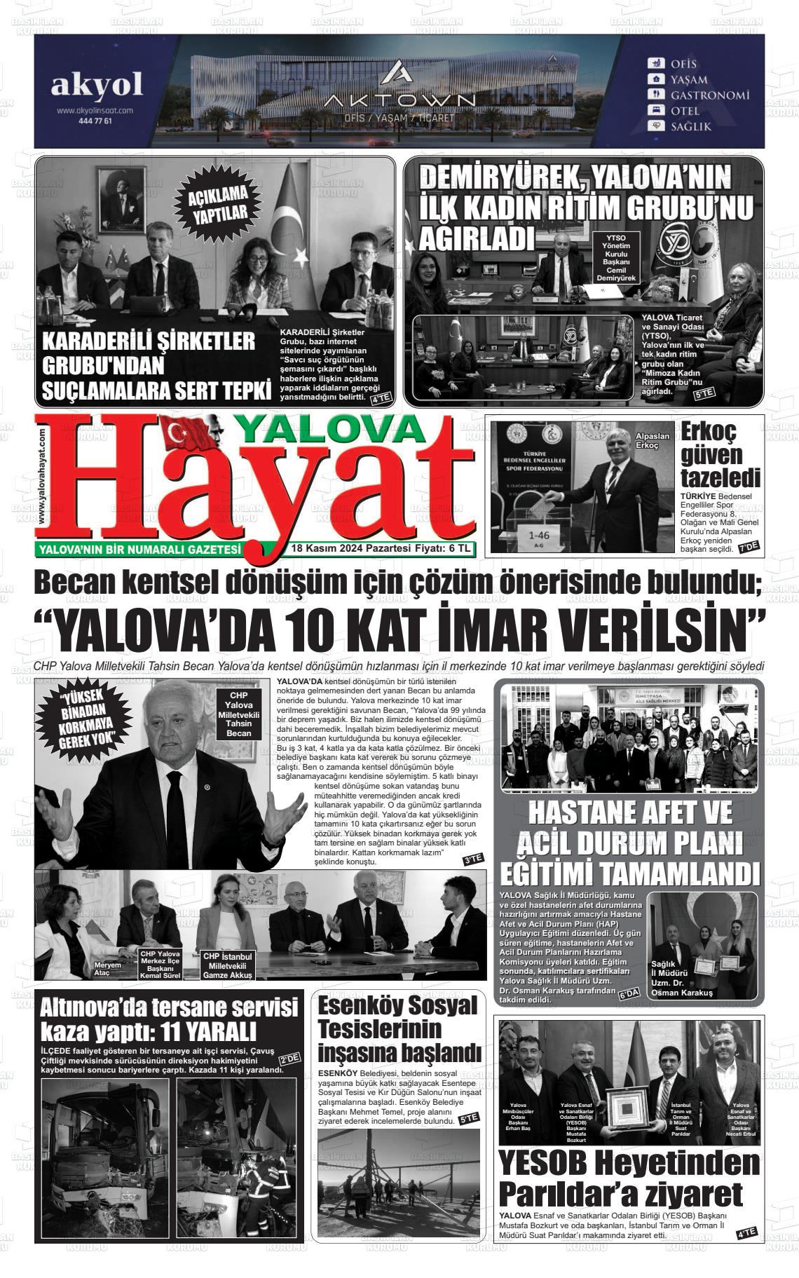 18 Kasım 2024 Yalova Hayat Gazete Manşeti