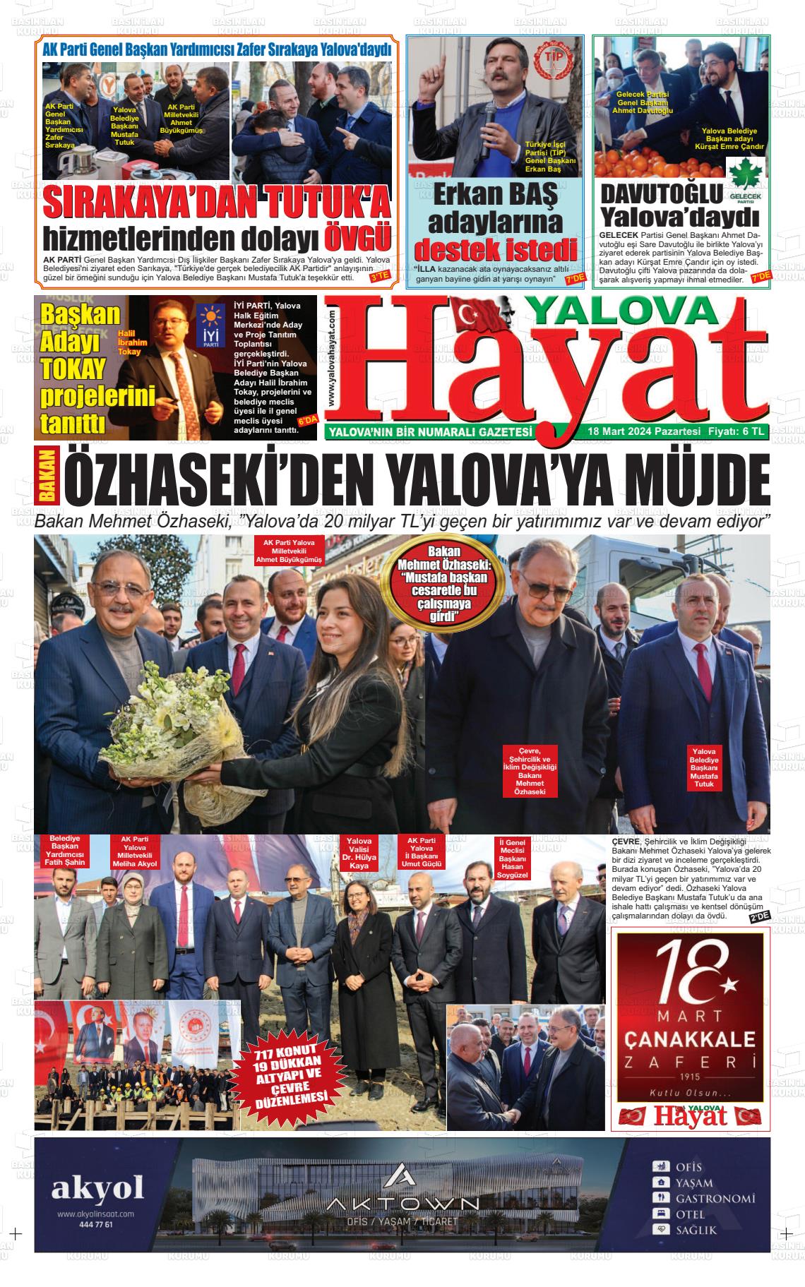 18 Mart 2024 Yalova Hayat Gazete Manşeti