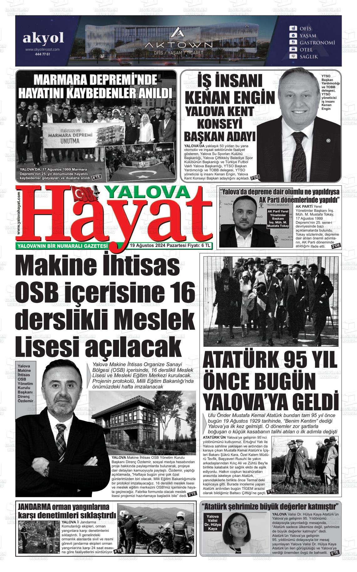 19 Ağustos 2024 Yalova Hayat Gazete Manşeti