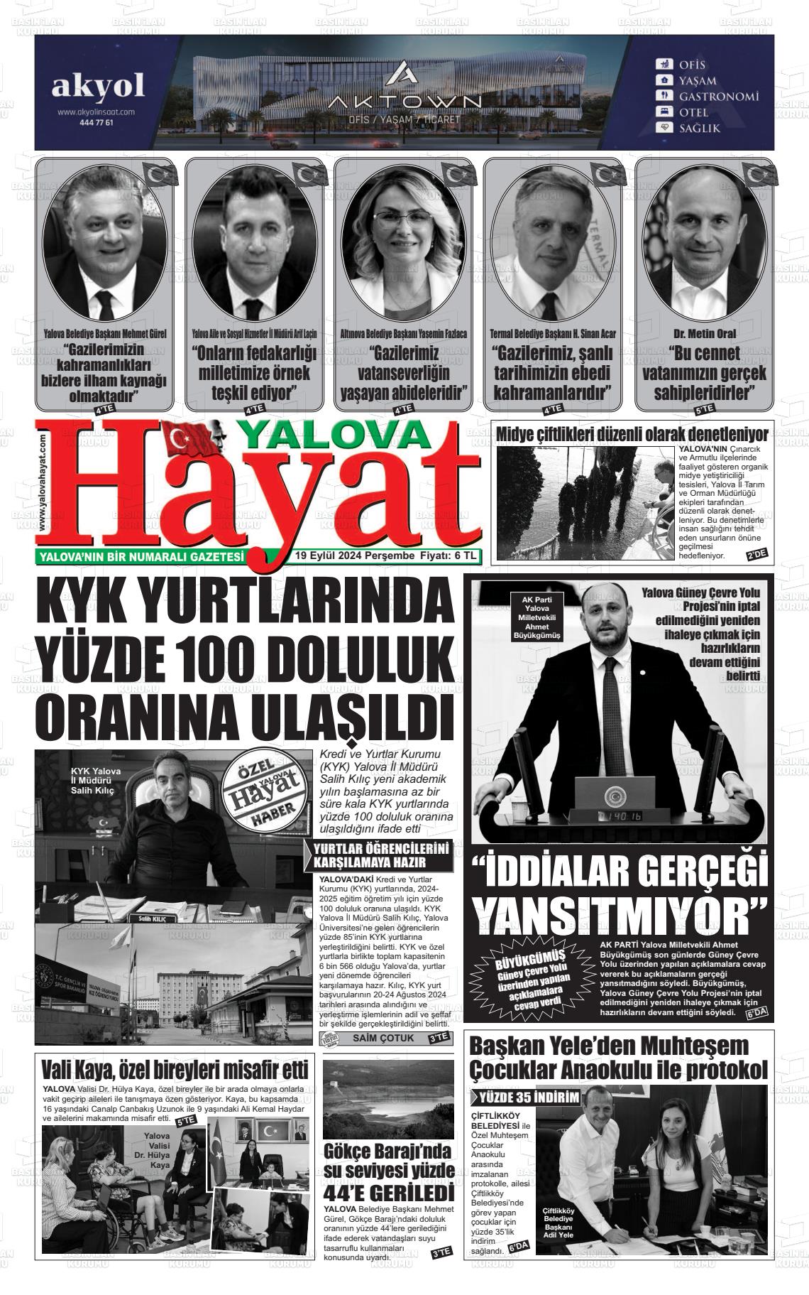 19 Eylül 2024 Yalova Hayat Gazete Manşeti