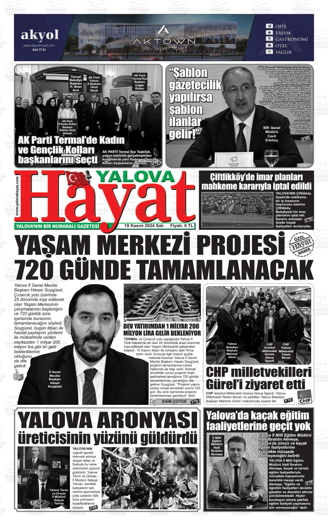 19 Kasım 2024 Yalova Hayat Gazete Manşeti