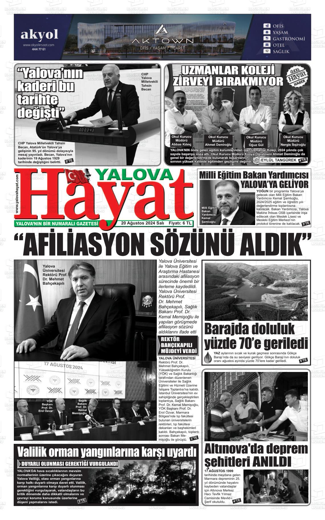 20 Ağustos 2024 Yalova Hayat Gazete Manşeti