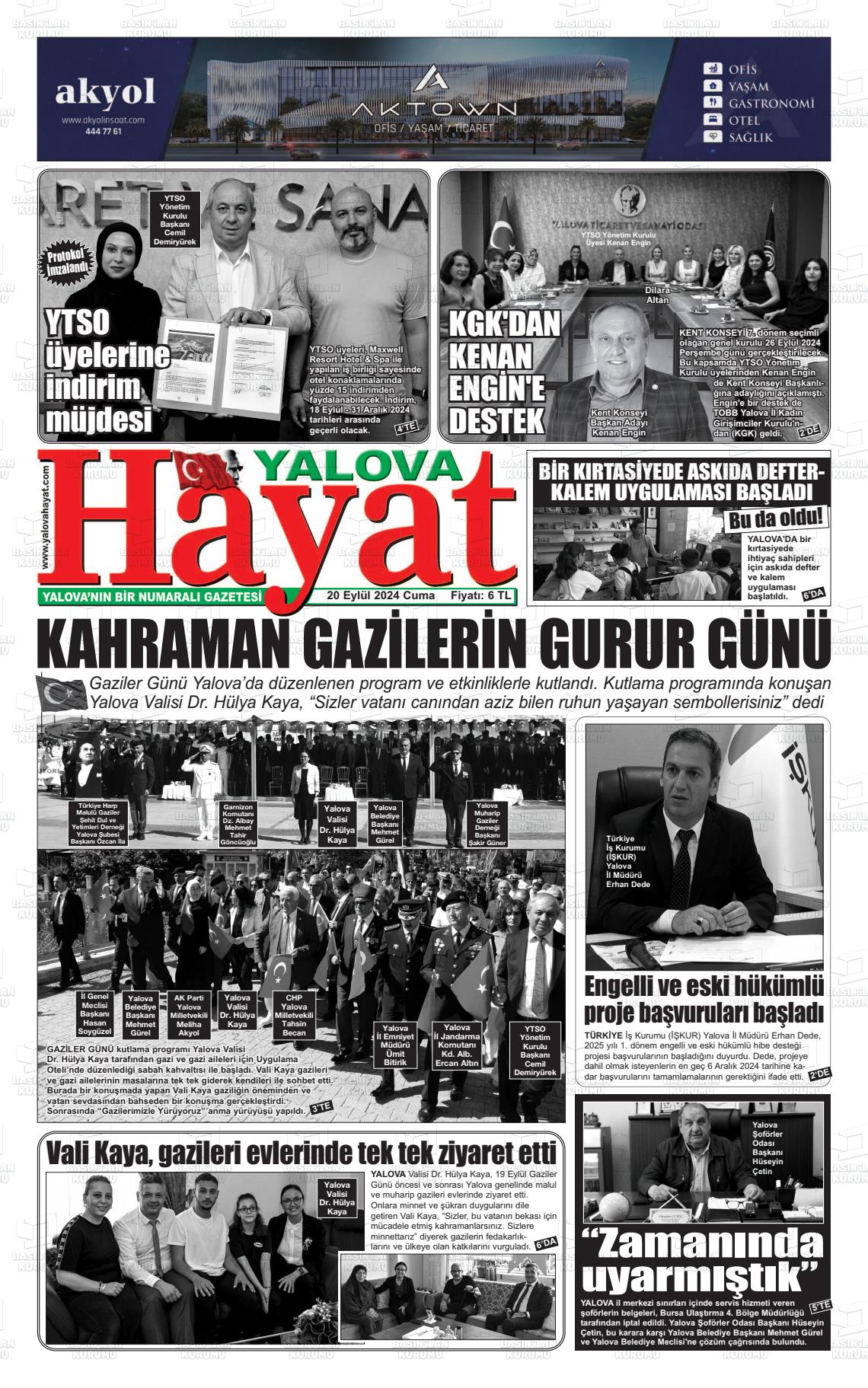 20 Eylül 2024 Yalova Hayat Gazete Manşeti