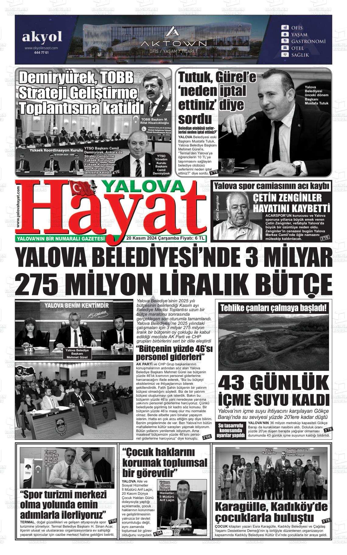 20 Kasım 2024 Yalova Hayat Gazete Manşeti