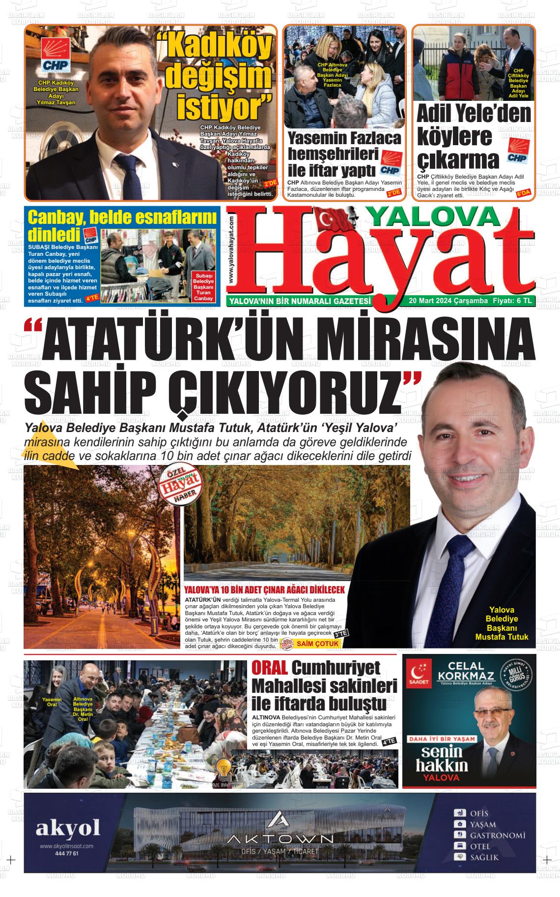 20 Mart 2024 Yalova Hayat Gazete Manşeti