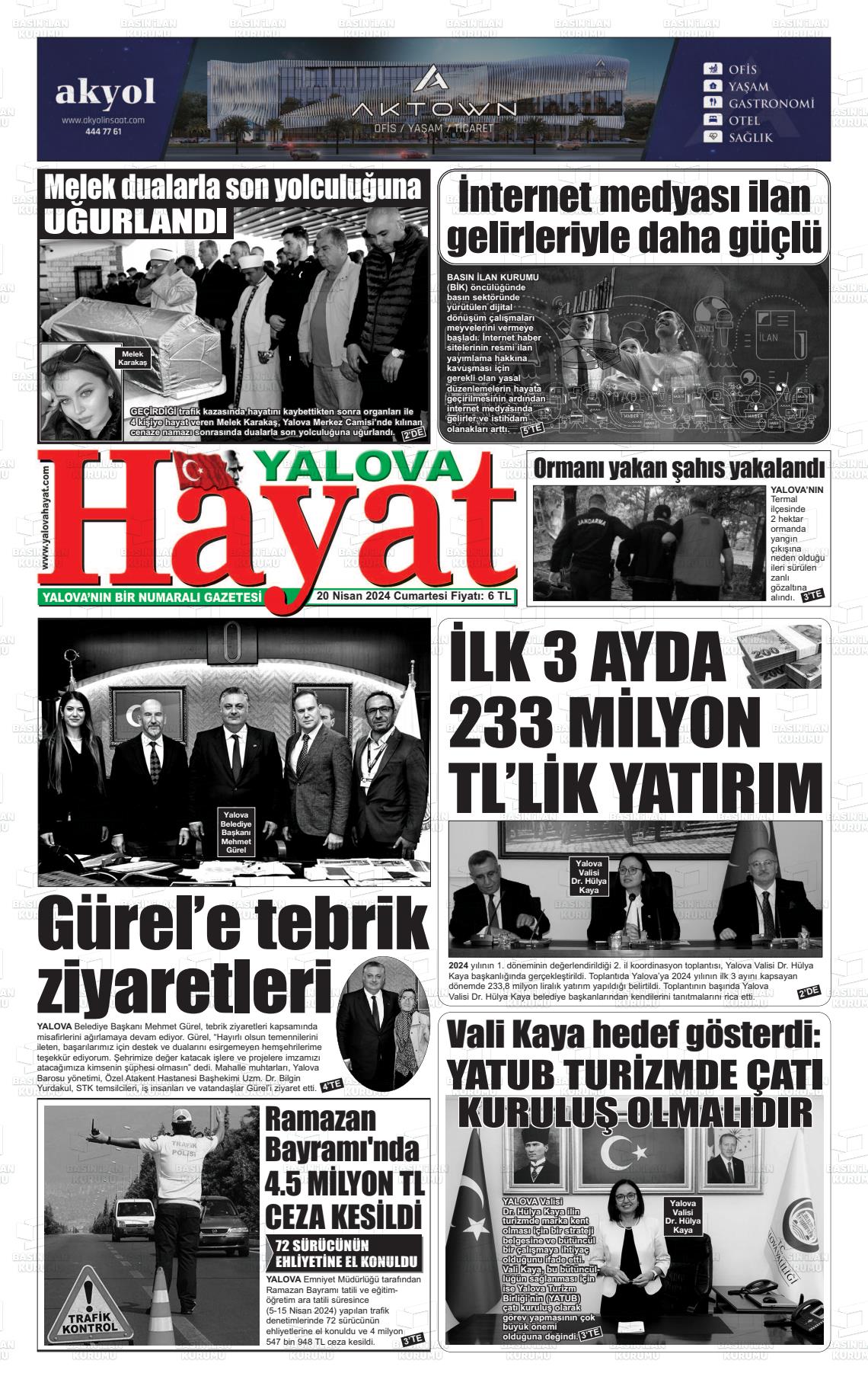 20 Nisan 2024 Yalova Hayat Gazete Manşeti