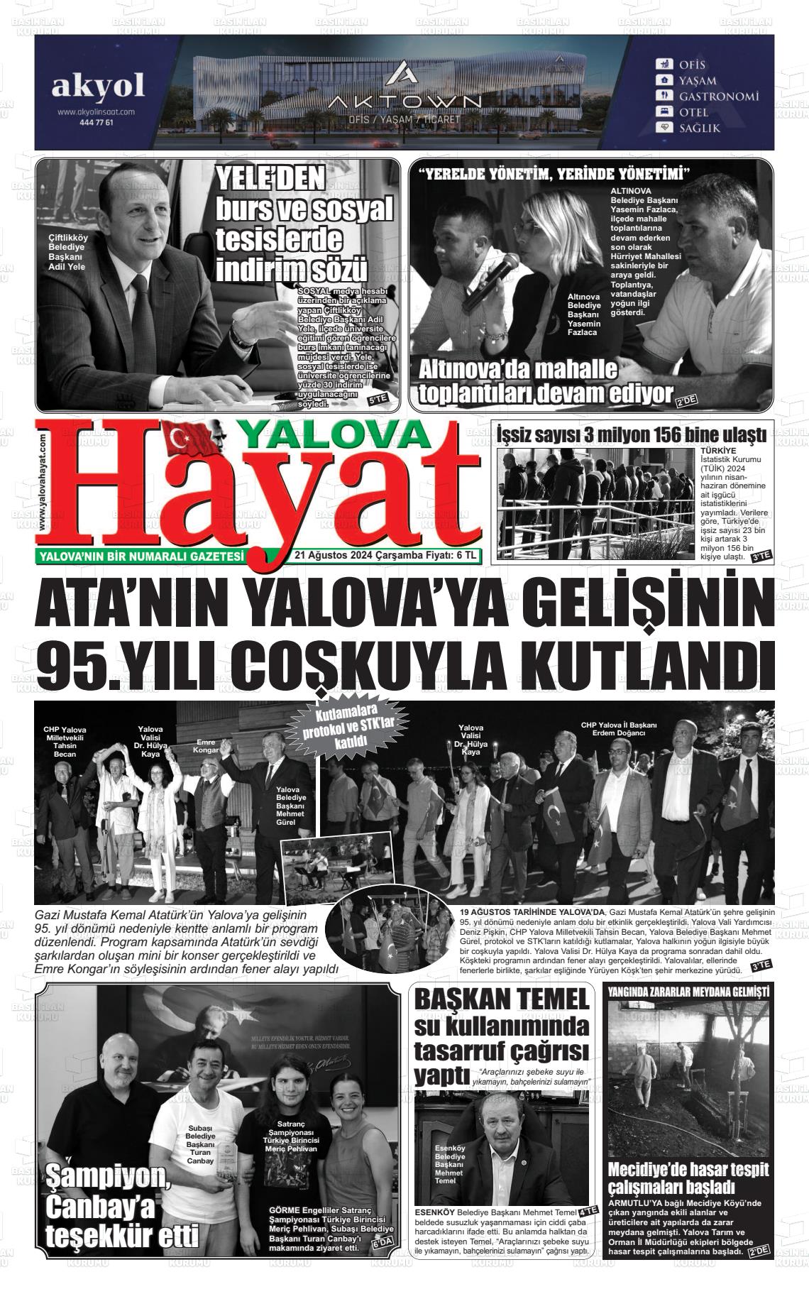 21 Ağustos 2024 Yalova Hayat Gazete Manşeti